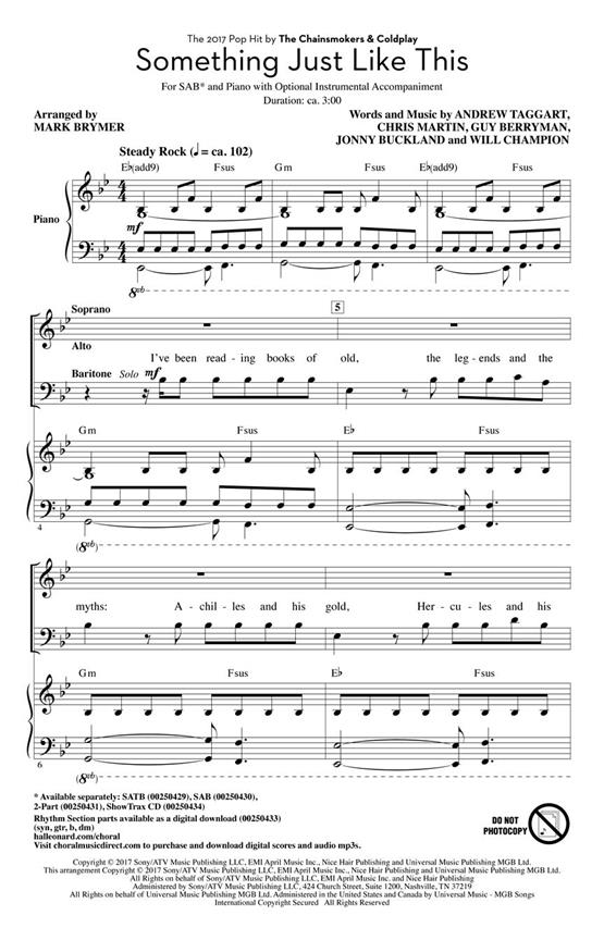 The Chainsmokers & Coldplay: Something Just Like This (Arr. Brymer) (SAB)