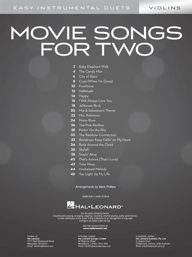 Movie Songs for Two Violins : Easy Instrumental Duets