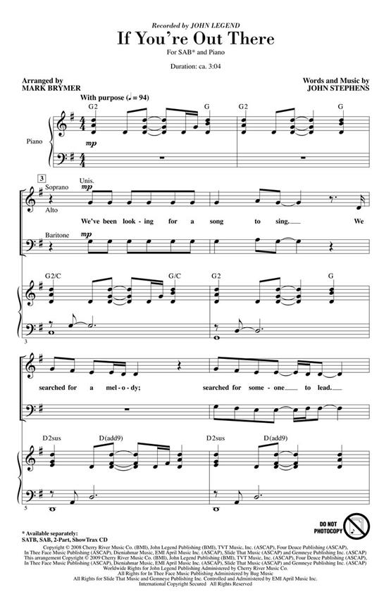 John Legend: If You're Out There (Arr. Brymer) (SAB)