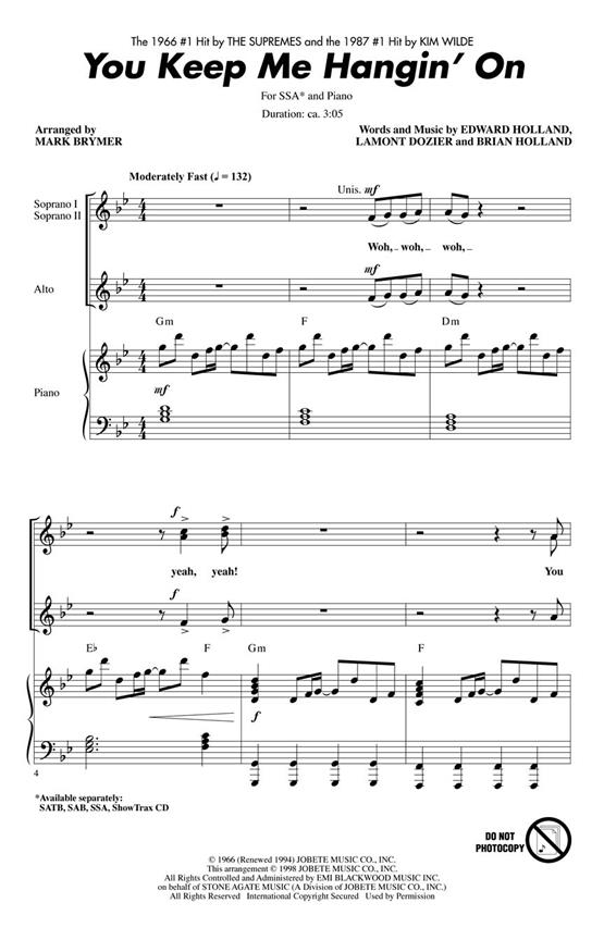 The Supremes: You Keep Me Hangin On (Arr. Brymer) (SSA)