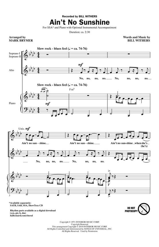 WITHERS BILL AIN'T NO SUNSHINE (BRYMER MARK) SSA CHORAL