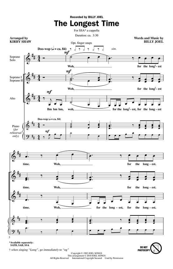 JOEL BILLY THE LONGEST TIME (SHAW KIRBY) SSA A CAPPELLA CHORAL