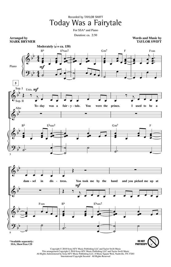 Taylor Swift: Today Was A Fairytale (Arr. Brymer) (ShowTrax CD)