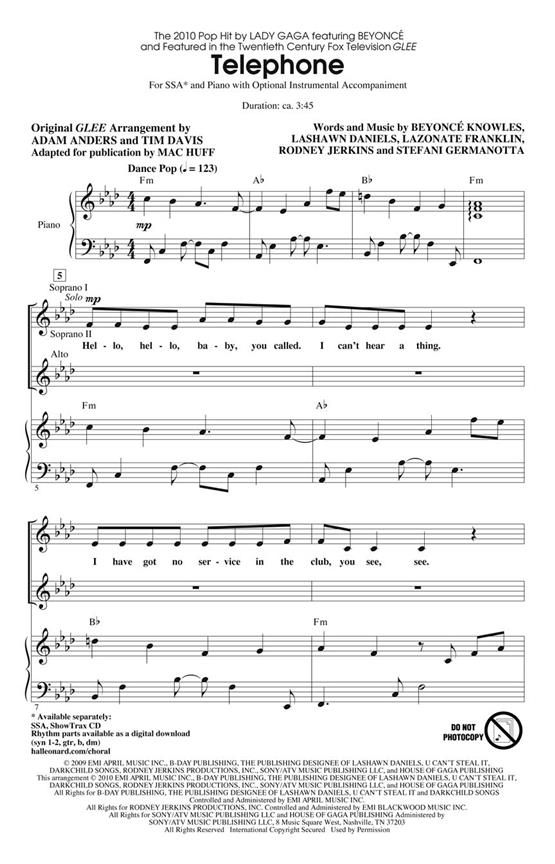 Glee: Telephone (Arr. Tim Davis/Adam Anders) (ShowTrax CD)