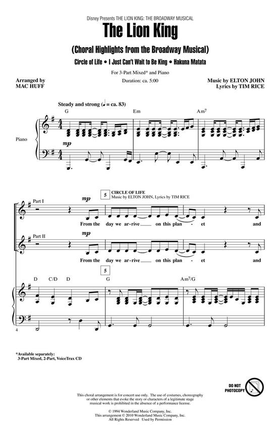 The Lion King : (Choral Highlights from the Broadway Musical) Discovery Level 2