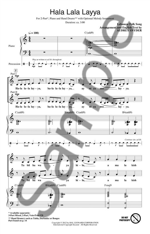 Hala Lala Layya (Arr Snyder Audrey) 2 Part Choral