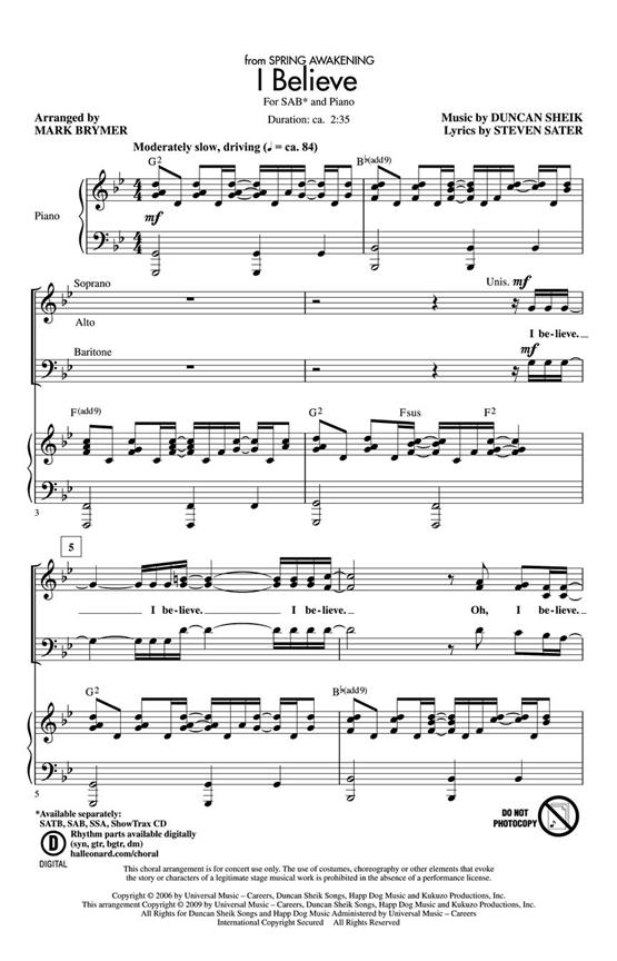 Duncan Sheik: I Believe (Arr. Brymer) (SAB)