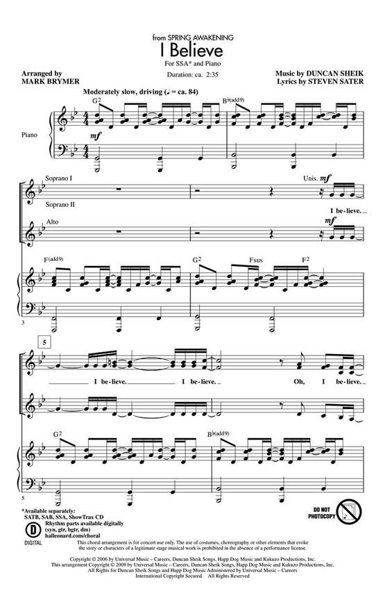 Duncan Sheik: I Believe (Arr. Brymer) (SSA)