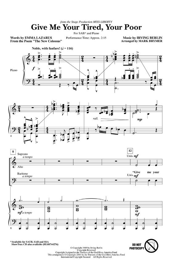 Irving Berlin: Give Me Your Tired, Your Poor (Arr. Brymer) (SAB)