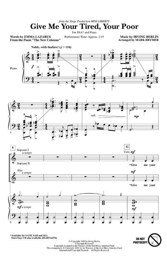 Irving Berlin: Give Me Your Tired, Your Poor (Arr. Brymer) (SSA)
