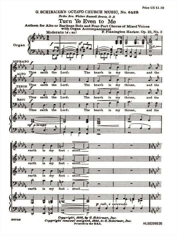 Turn Ye Even To Me Anthem For Alto Or Baritone Solo With Organ Accompaniment