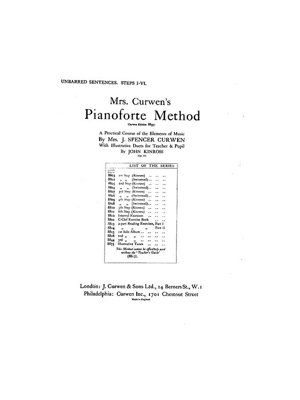 Mrs Curwen's Pianoforte Method Unbarred Sentences Steps I-VI