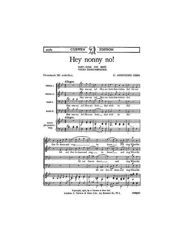 Armstrong Gibbs Hey Nonny No! Ttbb (Unaccompanied)
