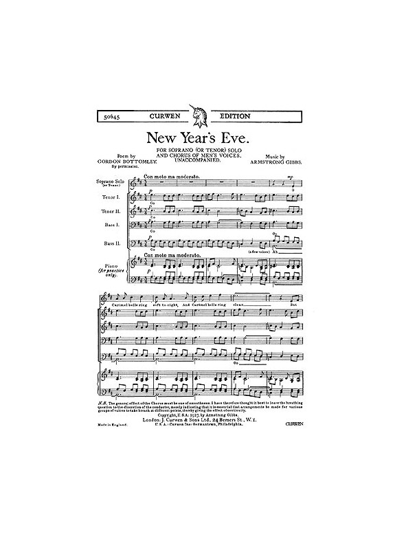 Armstrong Gibbs News Year's Eve S(Or T)/Ttbb Unaccompanied