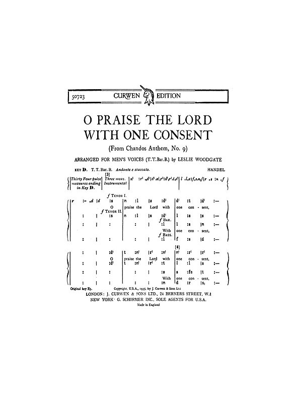 Handel, Gf O Praise The Lord With One Consent Ttbb(Tonic)