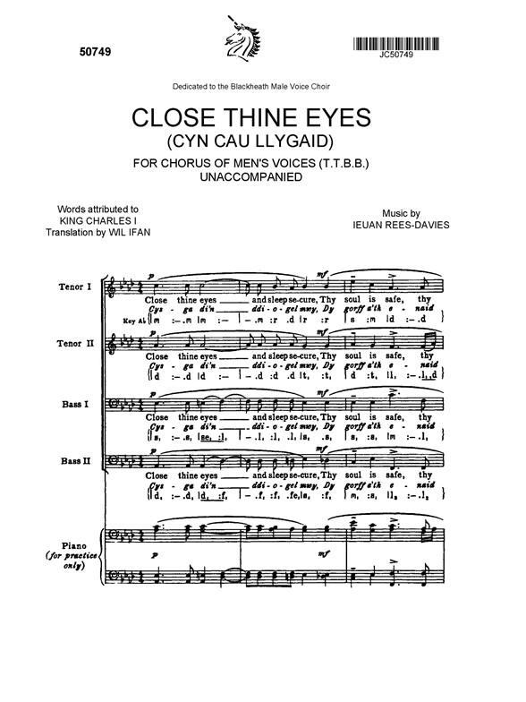 Ieuan Rees-Davies: Close Thine Eyes TTBB/Piano