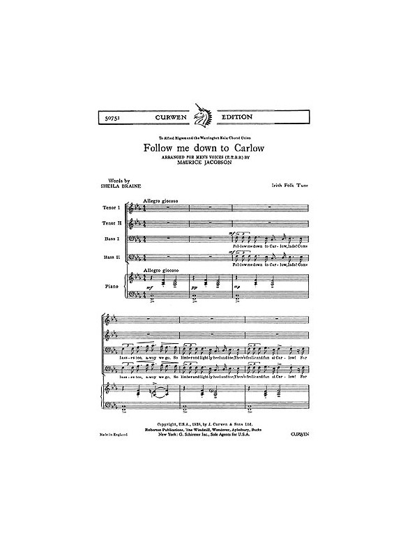Jacobson, M Follow Me Down To Carlow Ttbb/Piano