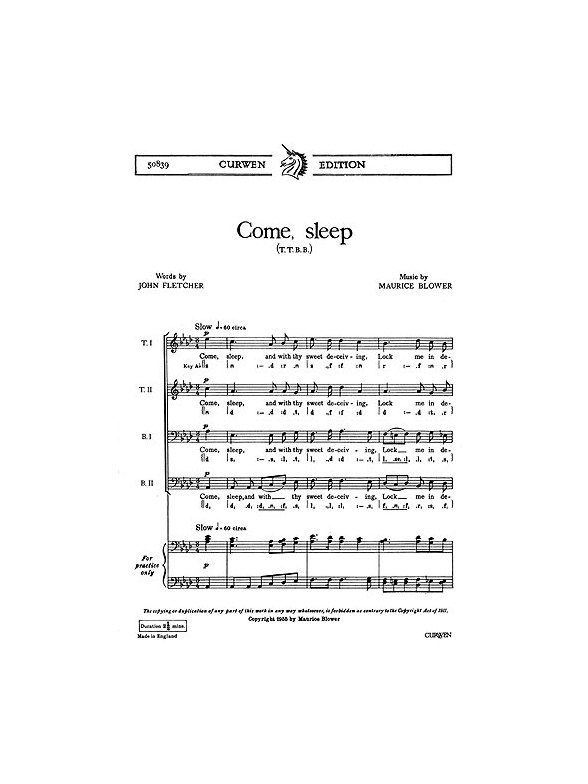 Blower, M Come, Sleep Ttbb/Piano