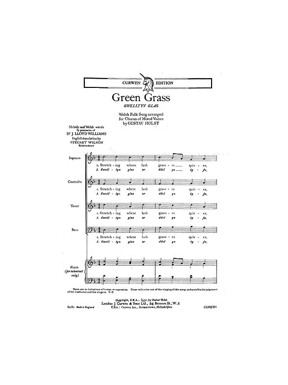 Holst, G Green Grass Satb And Piano (Rehearsal Only)