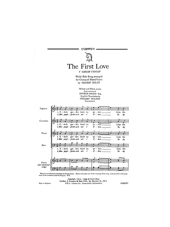 Holst, G The First Love Satb And Piano (Rehearsal Only)