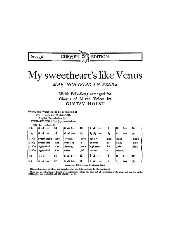 Holst, G My Sweetheart's Like Venus Satb/Tonic