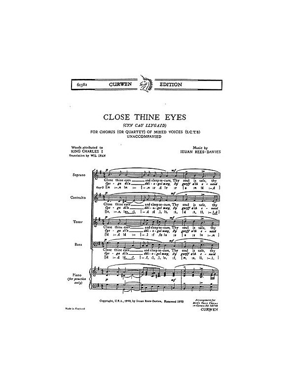 Rees-davies, I Close Thine Eyes Satb/Piano