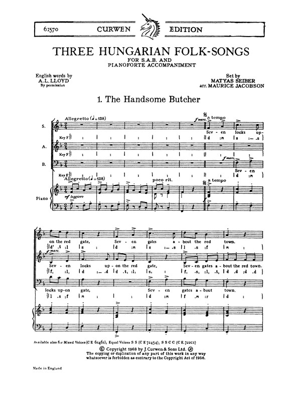 Seiber, M Three Hungarian Folk-songs Sab Piano