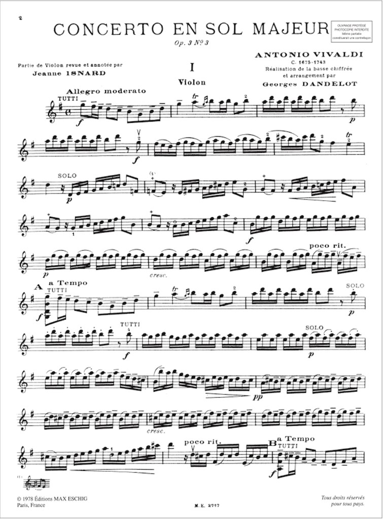 Concerto en Sol Majeur Opus 3, N 3 : pour violon & piano