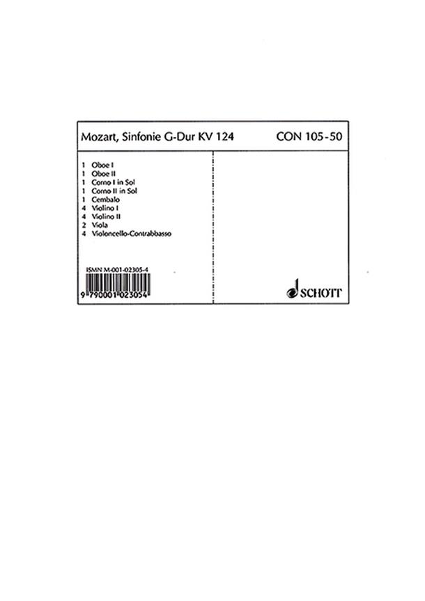 Symphony G Major KV 124 : Oboe I/II, Horn-g I/II, 4 Violins I/II, 2 Violas, 4 Cellos/Double Basses, Harpsichord