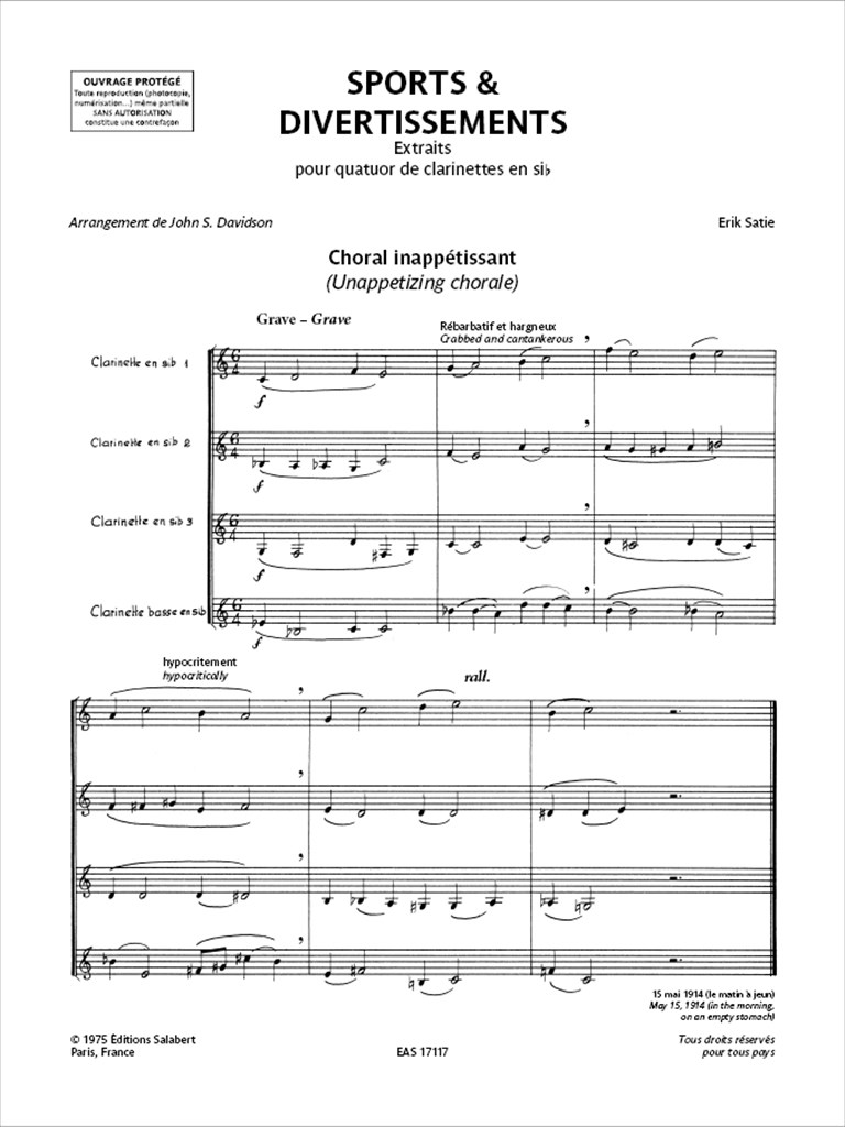 Sports et Divertissements - Extraits : pour quatuor de clarinettes en si bémol - arrangement de John S. Davidson