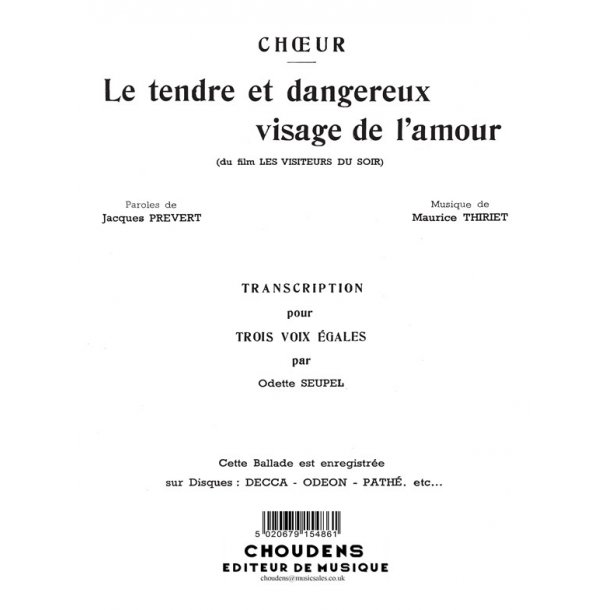 THIRIET TENDRE DANGEREUX VISAGE DE L AMOUR TRANS 3 VOIX EGALES