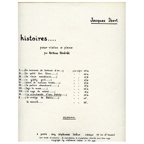 Jacques Ibert: La Marchande d'Eau fra&icirc;che (Violin & Piano)