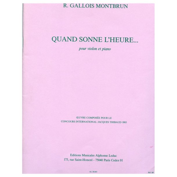 Gallois Montbrun Quand Sonne L'heure Violin &amp; Piano Book