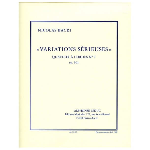Bacri Variations Serieuses Op.101 14' String Quartet Book
