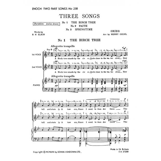 Grieg, E Three Songs 2pt/Pf