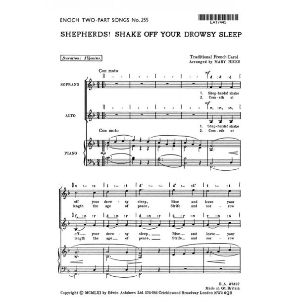 Hicks, M Shepherds! Shake Off Your Drowsy Sleep Sa/Piano