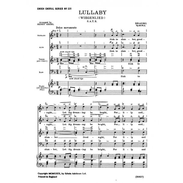 Brahms, J Lullaby (Wiegenlied) Satb/Piano
