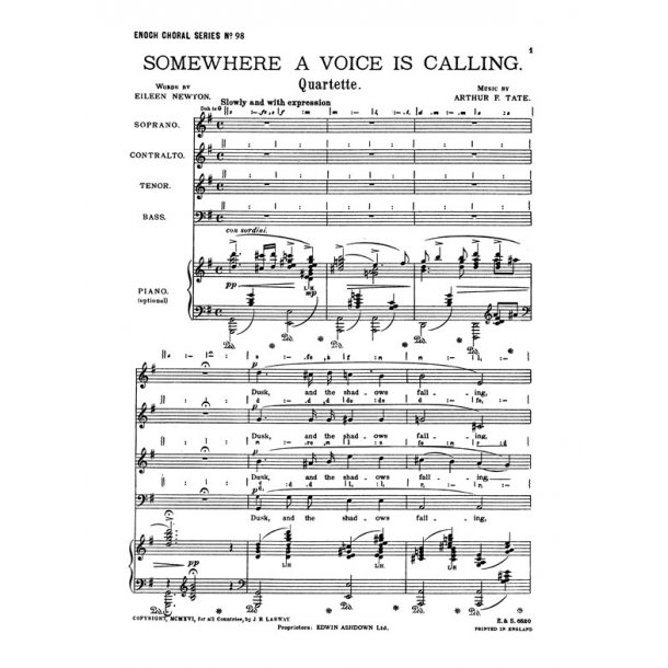 Tata, A Somewhere A Voice Is Calling Satb/Piano
