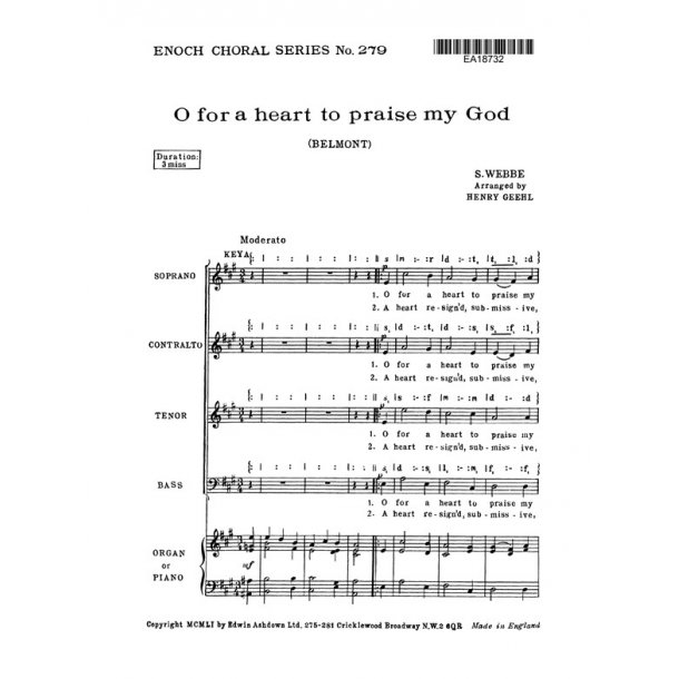 Webbe, S O For A Heart To Praise My God Satb/Pf