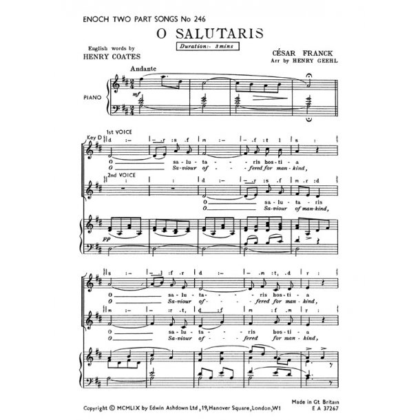Franck, Cesar O Salutaris Hostia (Saviour Offered For Mankind) 2pt/Pf