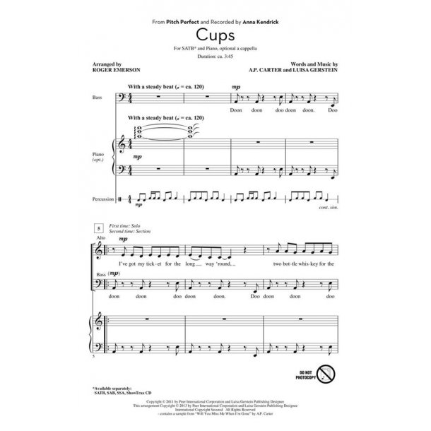 Kendrick Anna Cups From Pitch Perfect (Arr Emerson Roger) Showtrax Cd