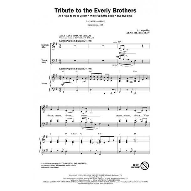 Bryant Tribute Everly Brothers Choral Medley (Billingsley) Showtrax Cd