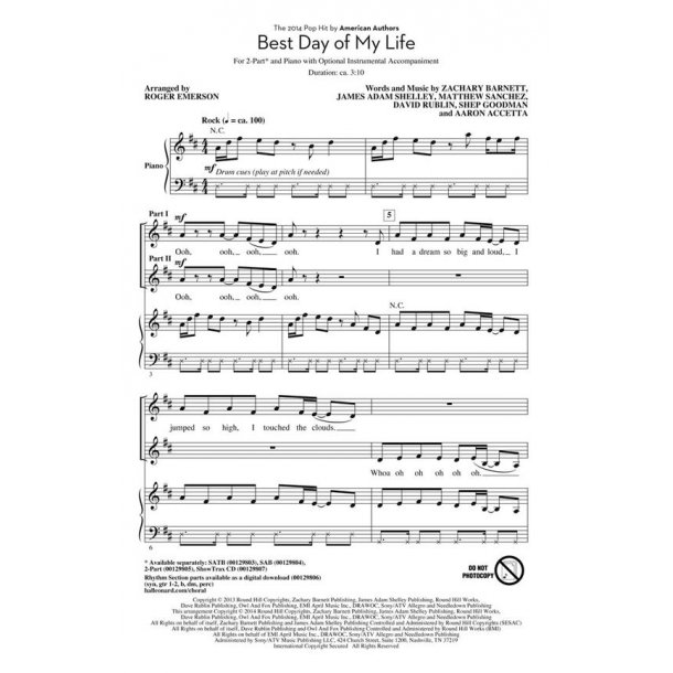 American Authors Best Day Of My Life (Arr Emerson Roger) 2 Part Choral