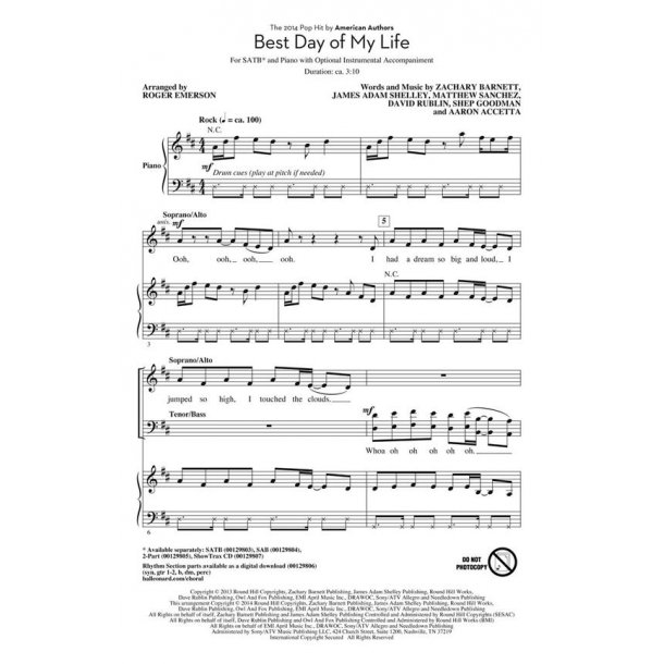 American Authors Best Day Of My Life (Arr Emerson Roger) Showtrax Cd