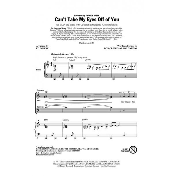 Valli/Crewe/Gaudio Can't Take My Eyes Off Of You (Lojeski) Sab Choral