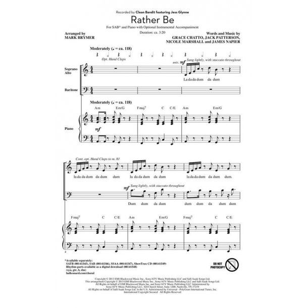 Clean Bandit Rather Be (Arr Brymer Mark) Sab Choral