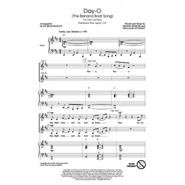 BURGIE/ATTAWAY DAY-O THE BANANA BOAT SONG (BILLINGSLEY) 2 PART CHORAL
