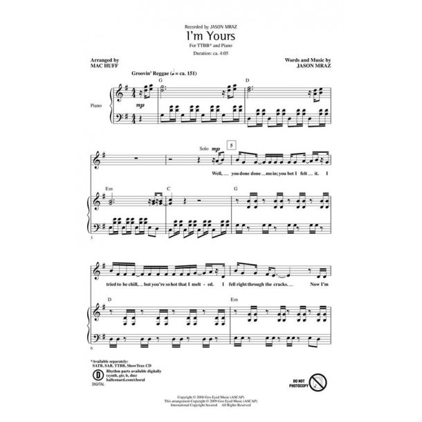 MRAZ JASON I'M YOURS (HUFF MAC) TTBB CHORAL SHEET MUSIC