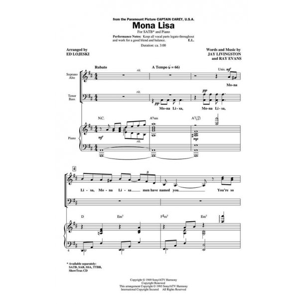 Livingston Jay/Evans Ray Mona Lisa (Arr Lojeski Ed) Showtrax Cd