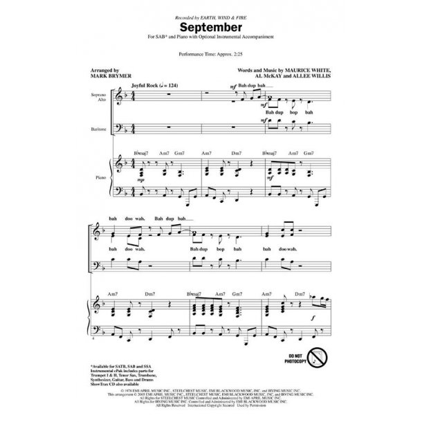 EARTH WIND & FIRE SEPTEMBER (BRYMER MARK) SAB CHORAL